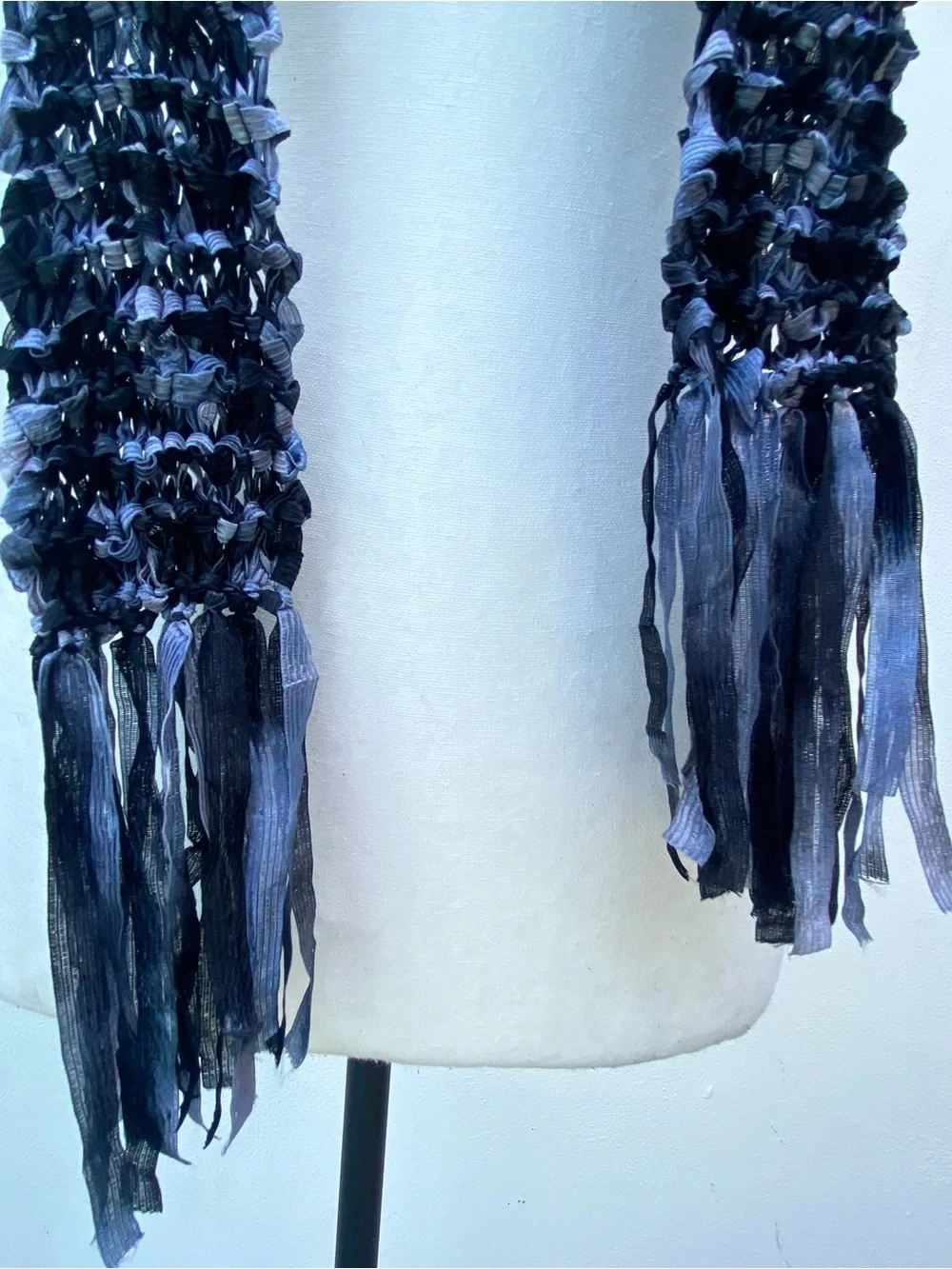 Y2K Black & Blue Crochet Satin Knit Skinny Fringe Scarf